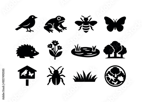Farm Biodiversity Icons. Biodiversity on farms. Solid icon set of biodiversity on farms: bird silhouette, frog icon, bee, butterfly, hedgehog, wildflower, pond