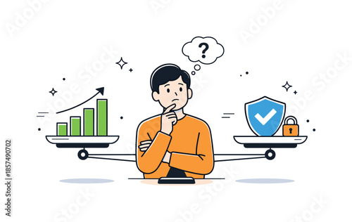 Weighing Growth and Safety. Risk and return balance. A character comparing two abstract scales with symbols of growth and safety. Thoughtful decision-making
