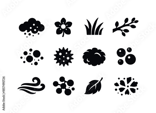 Spring Allergy Triggers. Spring allergies. Solid icon set of common allergy triggers: pollen cloud, flower bloom, grass blade, tree branch, dust speck, mold