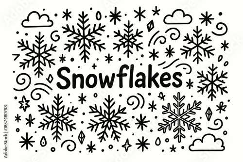 Snowflakes Doodle Illustration. Snowflakes. Hand-drawn doodle illustration of snowflakes. Crystal snowflakes,