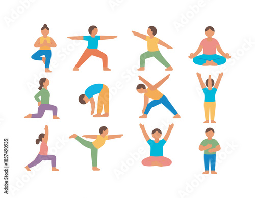 Yoga Posture Icon Grid. Focus postures. Colorful flat vector icons set of focus postures: tree pose, warrior II, standing twist, lotus pose, open chest pose,