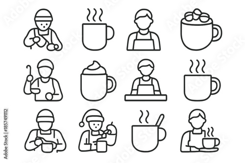 Winter Barista Icons. Winter barista icons. Line outline icon set of winter barista icons: barista making hot