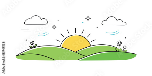 Serene Spring Landscape. Spring minimal landscape. A simple editorial scene with rolling green hills, a rising sun, and light clouds. The illustration feels