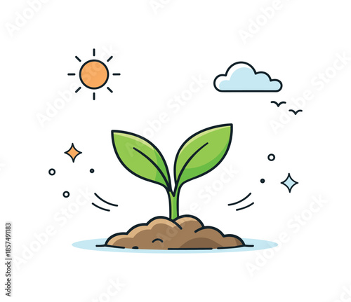 Spring Renewal Illustration. Spring growth concept illustration. A young plant sprouting from the ground with soft leaves opening upward, symbolizing renewal