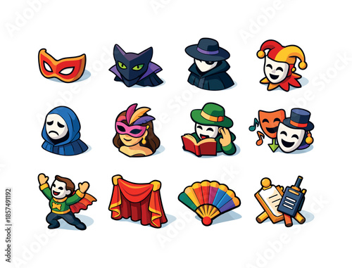 Colorful Stage Masks. Masked Stage Characters. Colorful isometric vector icons set of Masked Stage Characters: hero mask, villain mask, mysterious figure,