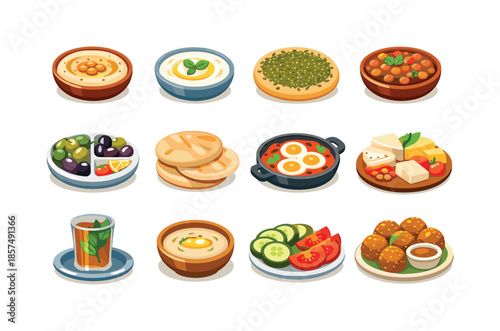 Middle Eastern Breakfast Icons. Middle Eastern breakfasts. Colorful flat vector icons set of Middle Eastern breakfasts: hummus plate, labneh bowl, za?atar