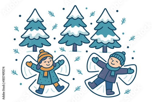 Kids Making Snow Angels. Snow angels under pines. Kids create winged shapes beneath tall snowy trees; drifting