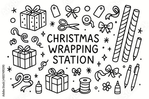Christmas Wrapping Station. Christmas Wrapping Station. Hand-drawn doodle illustration of Christmas Wrapping