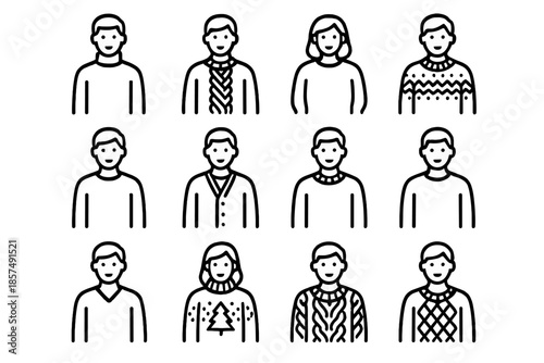 Festive Sweater Icons. Festive sweater fashion. Line outline icon set of festive sweater fashion: model with