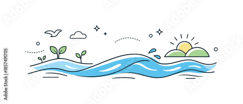 Gentle Water Flow. Fresh water movement. A minimal editorial scene showing water gently flowing forward, symbolizing life returning. The atmosphere is clean,