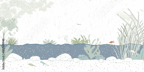 A peaceful illustration of a watery landscape with birds and aquatic life
