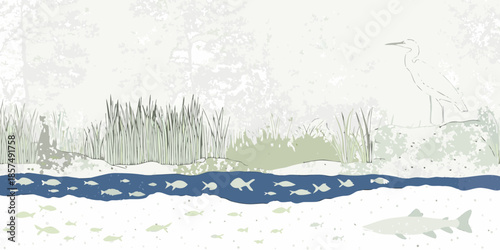 A serene illustration of a heron fish and wetland grasses in soft tones