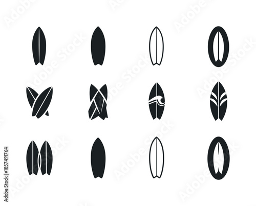 Surfboard Logo Variations. board. Icon set. Set Logo of board: surfboard silhouette. harmonious logo variations of the same emblematic concept, each with