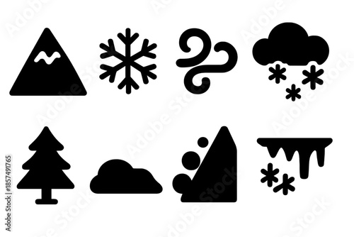 Mountain Snowstorm Icons. Snowstorm in the Mountains. Filled icon set of Snowstorm in the Mountains: mountain,