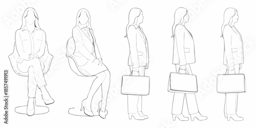Line art depiction of women in business attire walking and seated