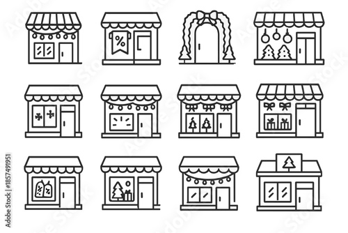 Festive Storefront Icons. Christmas storefront pack. Line outline icon set of Christmas storefront pack: store