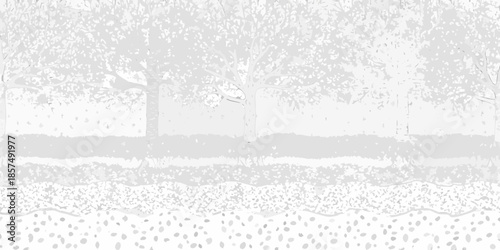 A grayscale image depicting a snowy winter landscape with trees and a road