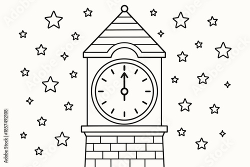 Clock Tower Coloring. Midnight strike scene children?s coloring book illustration, outlined drawing, clock