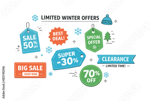 Winter Sale Tags. Limited winter offers. Price tags and discount labels arranged neatly with snowflakes and simple winter symbols. The composition feels clear,