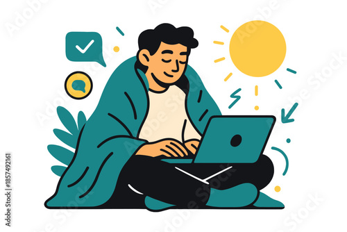 Cozy Remote Workflow. Working remotely under a blanket. Person sitting with laptop on lap, cozy blanket