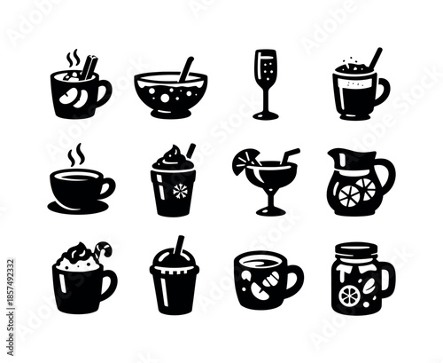Holiday Drink Icons. Holiday beverages. Solid icon set of holiday beverages: hot cider mug, sparkling punch bowl, champagne flute, eggnog glass, warm tea cup,