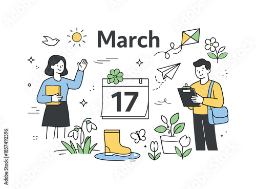 March Event Elegance. March event illustration. A light editorial scene with abstract seasonal elements, subtle calendar cues, and gentle motion, suggesting a