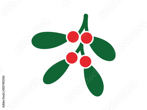 A sprig of mistletoe with red berries and green leaves on a white background.