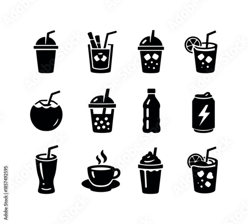 Street Beverage Icons. Street beverages. Solid icon set of street beverages: juice cup, sugarcane drink, iced coffee, lemonade cup, coconut water, bubble tea,