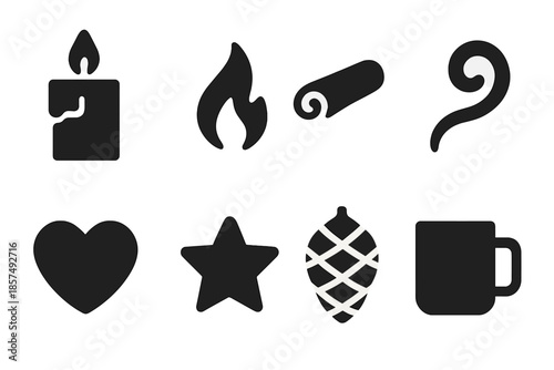 Winter Scent Icons. Winter Scent. Filled icon set of Winter Scent: candle, flame, cinnamon stick, steam swirl,