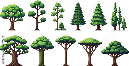 Collection of Diverse Pixel Art Trees for Game Assets Isolated on White Background