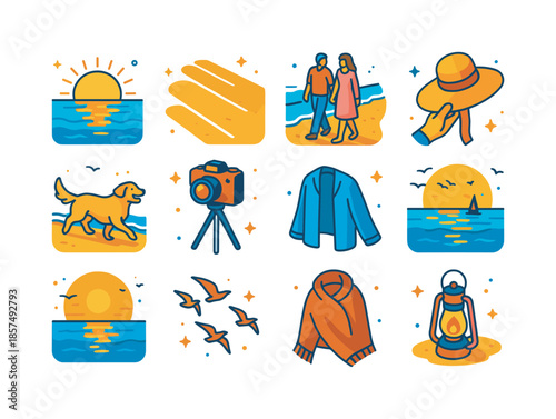 Golden Hour Icons. Golden hour by the sea. Colorful isometric vector icons set of golden hour by the sea: low evening sun over water, long shadows on sand,