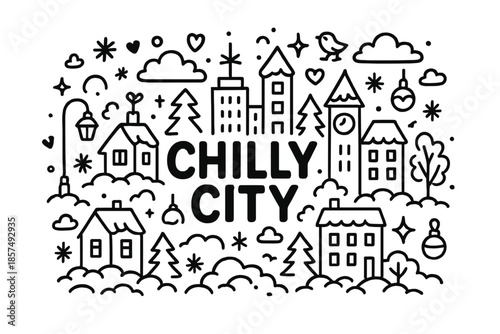 Chilly City Doodle. Chilly City. Hand-drawn doodle illustration of Chilly City. Skyline, frosted buildings,