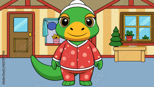 Adorable Green Dinosaur Character with Yellow Snout Wearing Red Polka Dot Pajamas