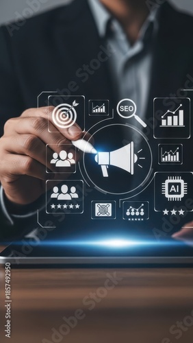 Businessman interacts with digital marketing icons on screen