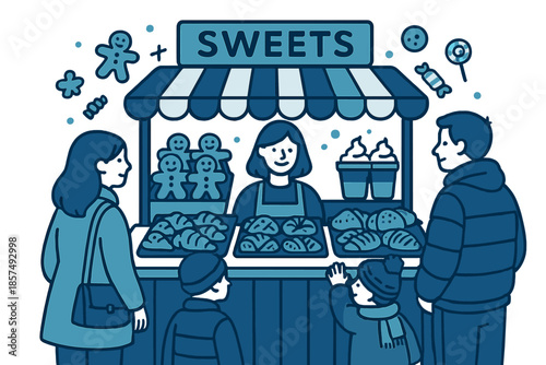 Cozy Sweets Display. Cozy sweets kiosk. Gingerbread, pastries, and warm cocoa line the counter as customers