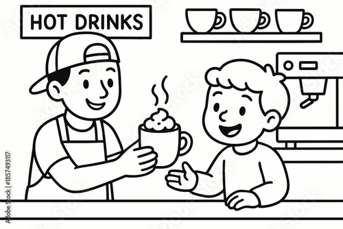 Barista's Warm Cup. Serving warm drinks children?s coloring book illustration, outlined drawing, barista