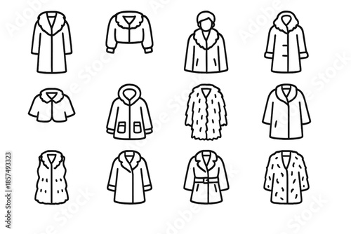 Winter Coat Icons. Winter fashion coat icons. Line outline icon set of winter fashion coat icons: long fur