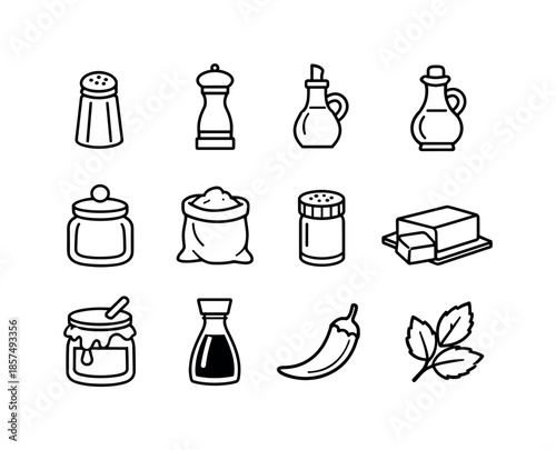 Cooking Ingredient Icons. Cooking ingredients. Line icon set of cooking ingredients: salt shaker, pepper grinder, oil bottle, vinegar bottle, sugar jar, flour