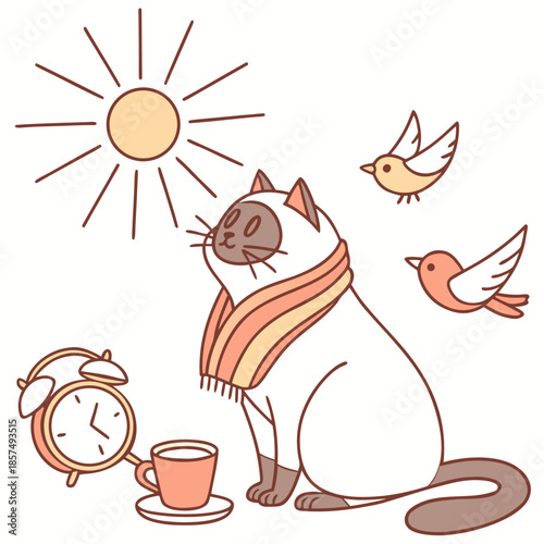 Cute SVG of a Bashful Birman in Sunny Mornings colors, featuring with a scarf in a Morning sunshine setting