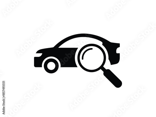 A magnifying glass examines a car silhouette, representing inspection.