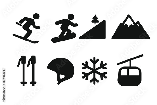 Alpine Sports Icons. Alpine Sports. Filled icon set of Alpine Sports: skier, snowboarder, snow slope, mountain
