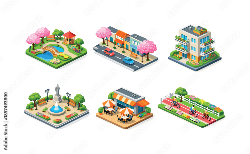 Obraz premium Spring City Isometric. Isometric City in Spring. Isometric flat vector icons set of Isometric City in Spring: blooming city park, street with flowering trees,