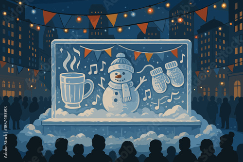 Festive Ice Celebration. ice carving, festive lights, hot drink cup, snowman, tall buildings, banner flags,