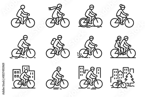 Winter Cycling Icons. City winter cycling. Line outline icon set of city winter cycling: person riding bicycle