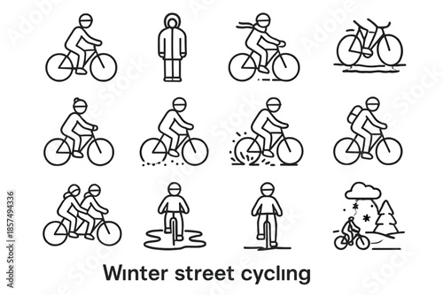 Winter Cycling Icons. Winter street cycling. Line outline icon set of winter street cycling: cyclist riding