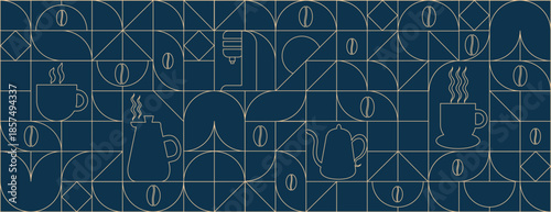 Geometric coffee pattern in minimalist style. Geometric line drawing. Abstract print background with simple shapes for coffee shop, food packaging, cafe wall, menu.