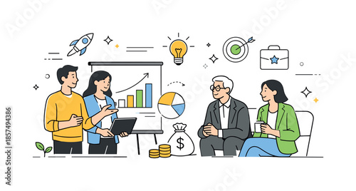 Startup Pitch Essentials. Startup funding and venture capital. Founders pitching their idea to investors with a simple presentation board and charts. Calm
