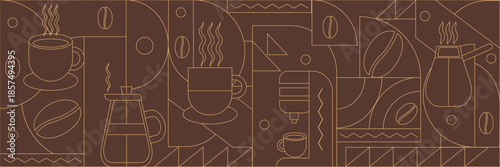 Geometric coffee pattern in minimalist style. Geometric line drawing. Abstract print background with simple shapes for coffee shop, food packaging, cafe wall, menu.