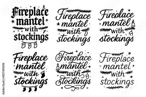 Festive Calligraphy Display. Fireplace mantel with stockings. Create a calligraphy lettering illustration of