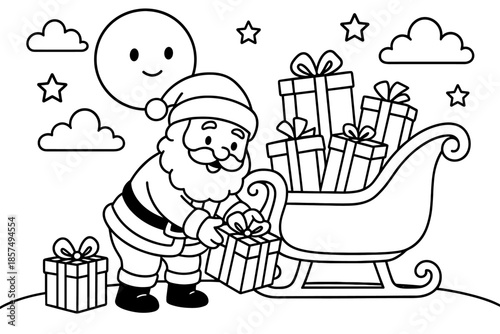 Santa's Moonlit Delivery. Sleigh by moonlight children?s coloring book illustration, outlined drawing, Santa